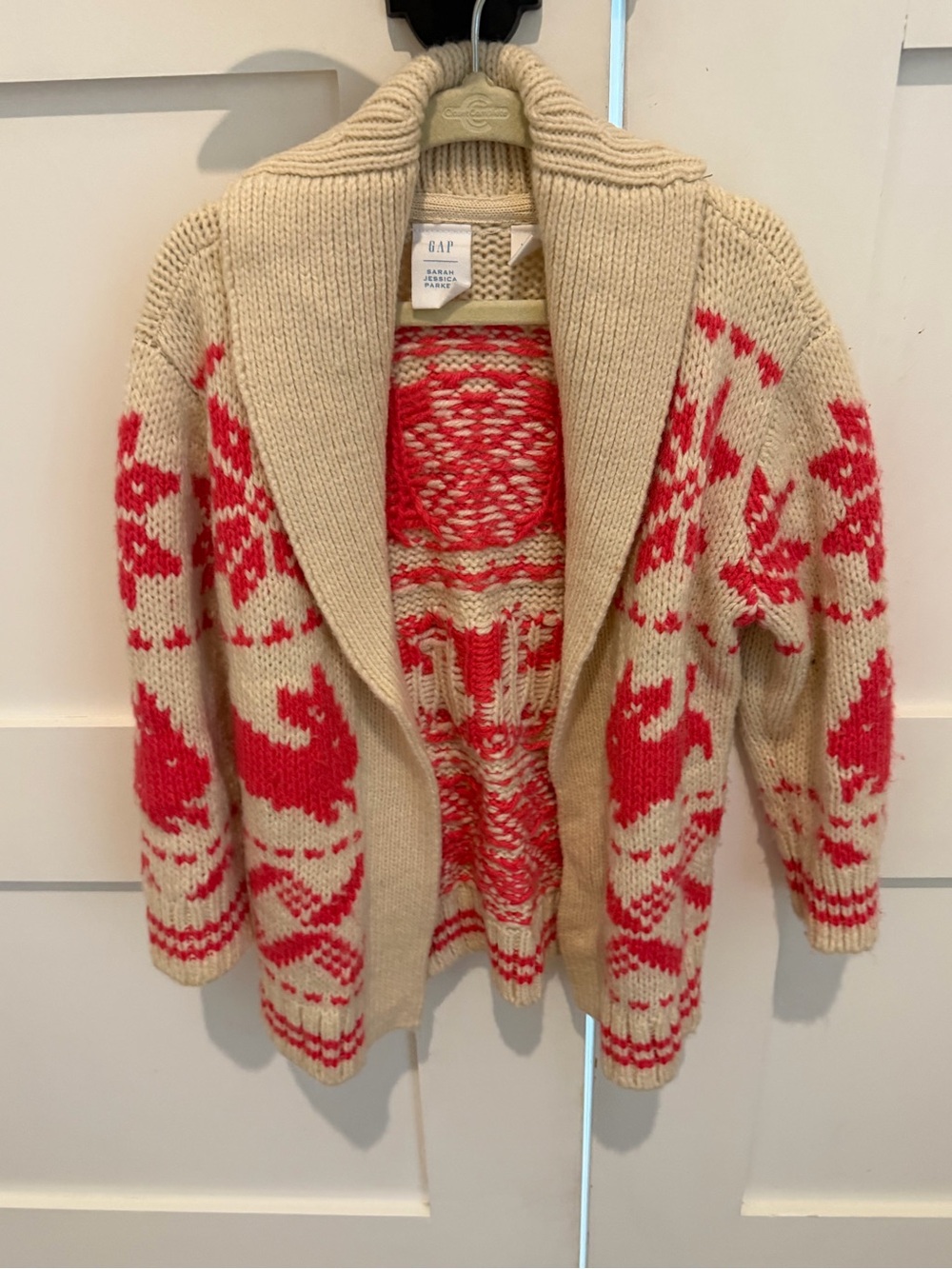 GAP Beige Shawl Collar Fair Isle Cardigan with Red Pattern